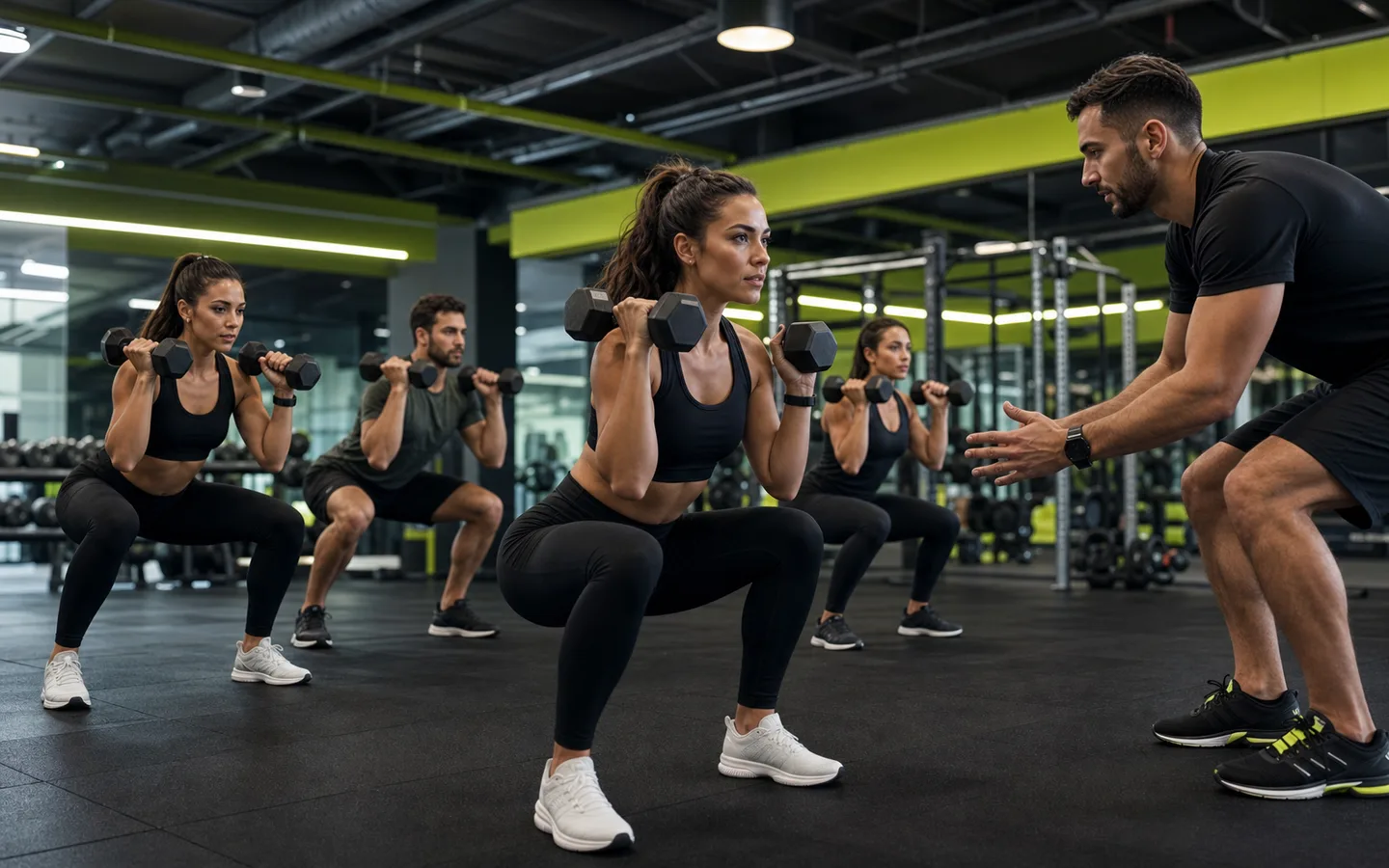 Small group strength class inside a boutique gym.
