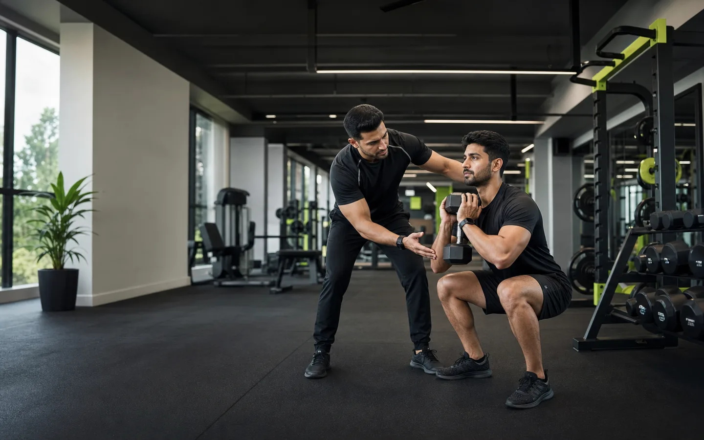 Trainer coaching a client inside a premium fitness studio.