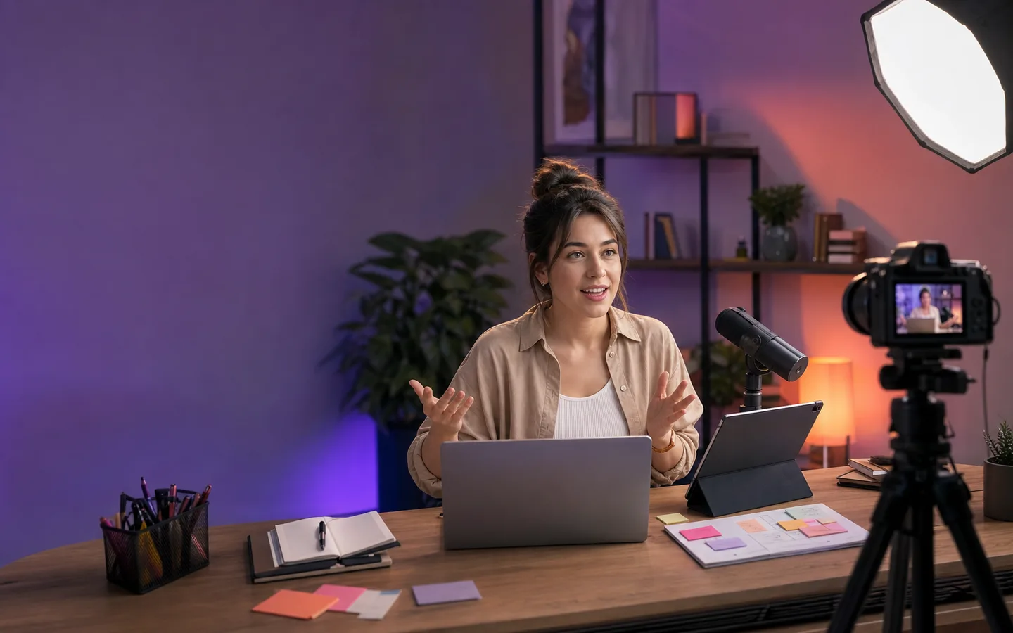 Creator recording an online course in a modern studio.