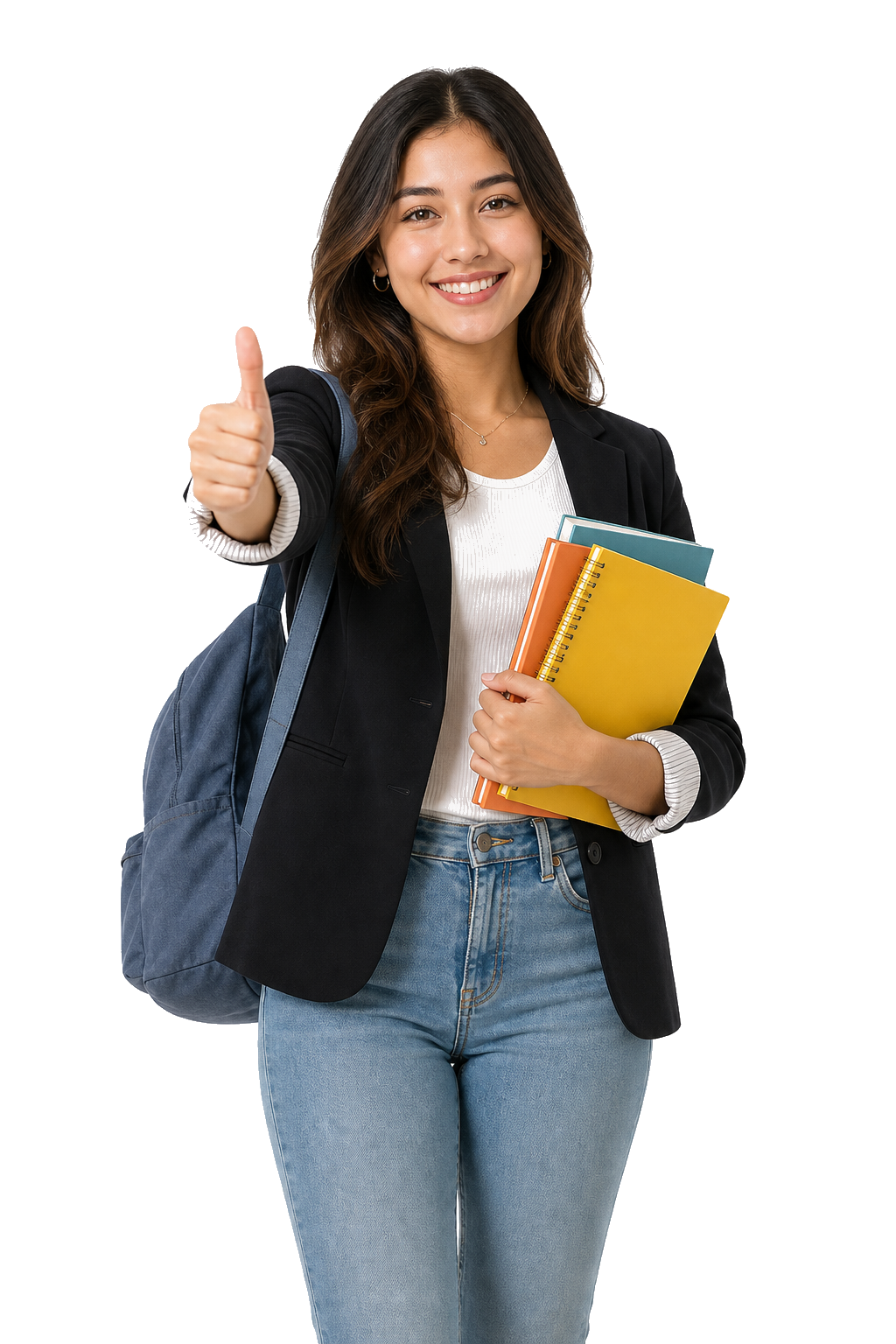 Smiling student holding books and giving a thumbs-up.