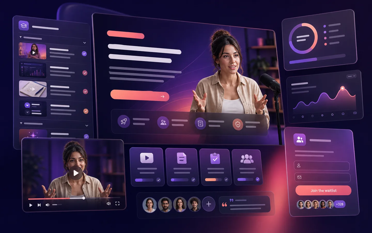 Premium UI collage preview for a course launch website.
