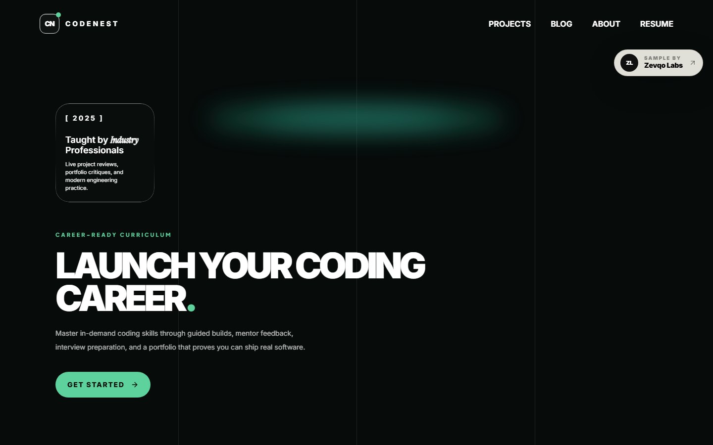 CodeNest coding education landing page sample with video hero, grid lines, and career CTA.