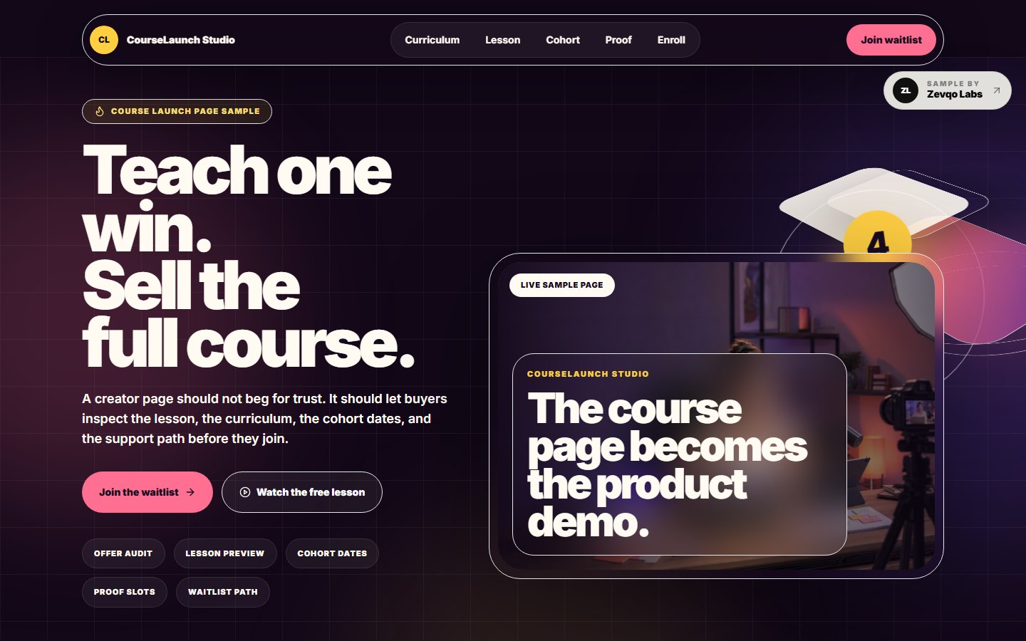 Premium UI collage preview for a course launch website.