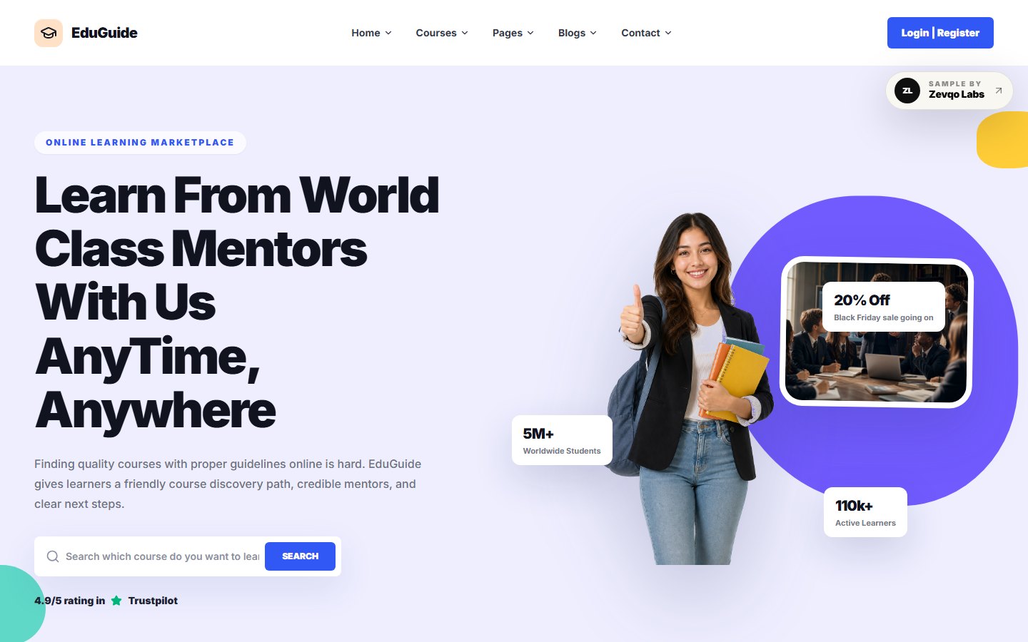 EduGuide course marketplace sample preview with blue frame and education landing sections.