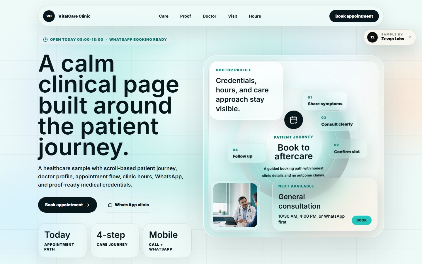 Premium healthcare appointment dashboard and care-plan interface.