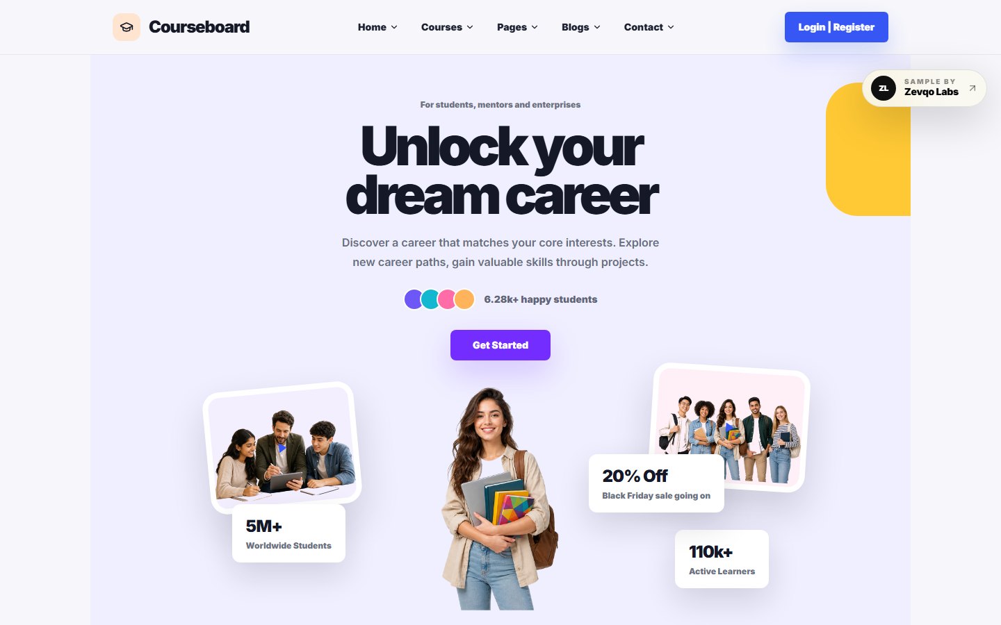 Courseboard education sample preview with student hero and course marketplace sections.