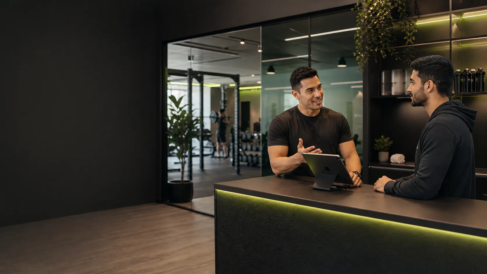 Gym member checking in at a local boutique fitness studio.