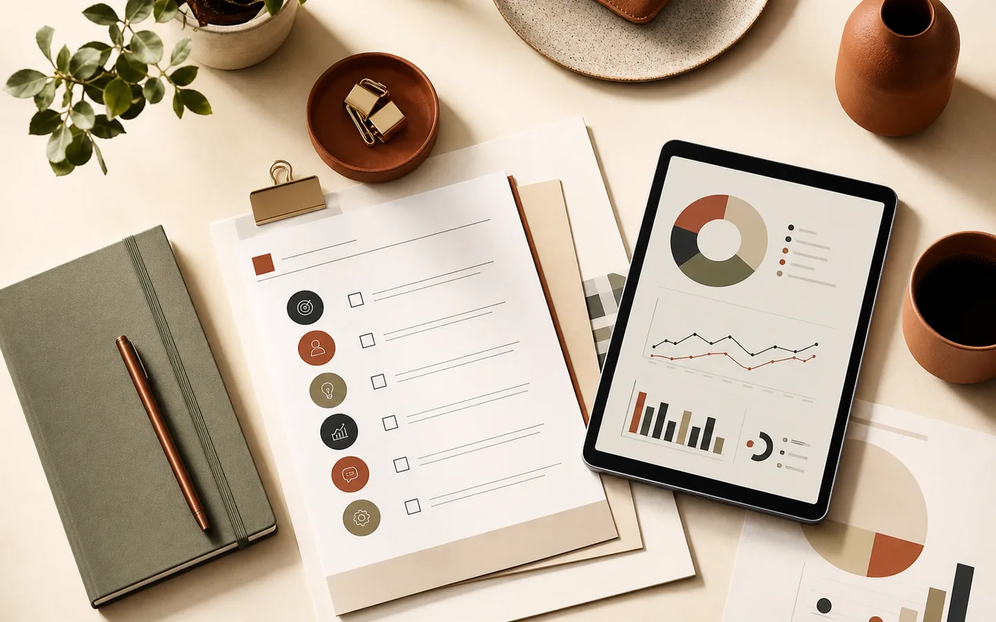 Strategy checklist and consulting resource flat-lay.