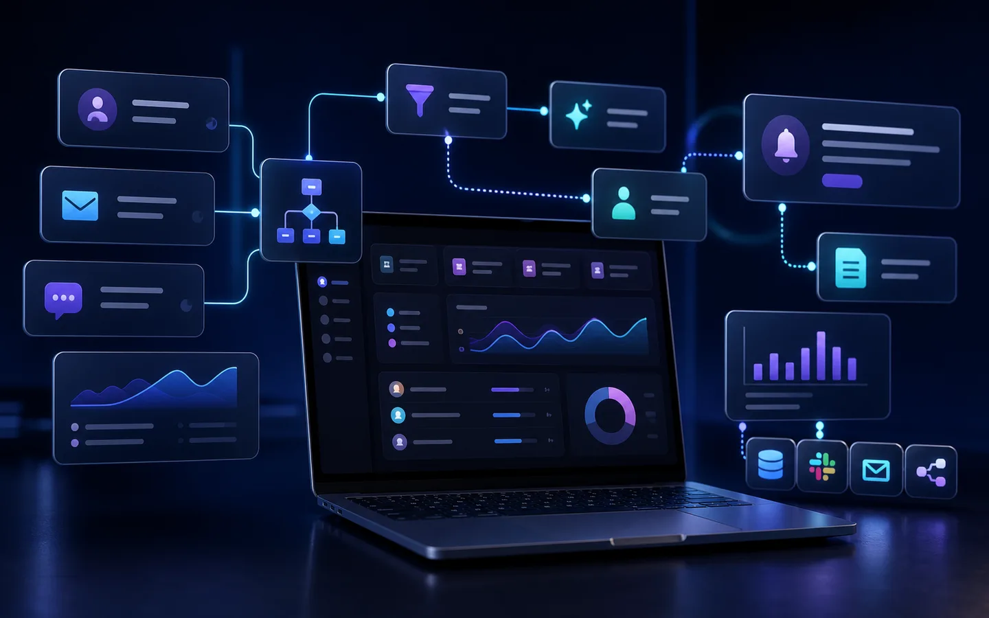 Floating SaaS workflow automation cards around a laptop.