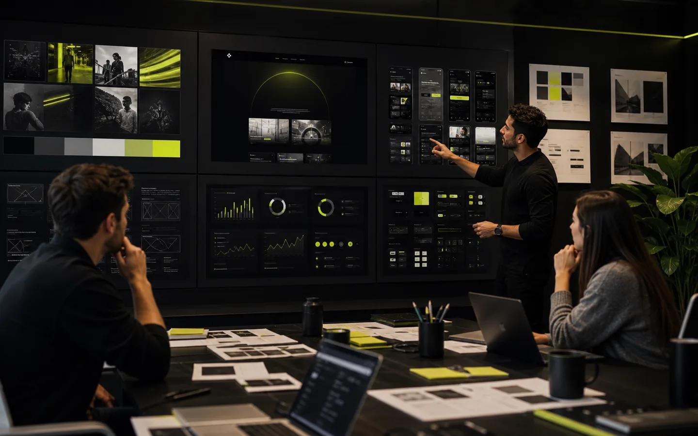 Agency presentation wall with website screens and brand boards.