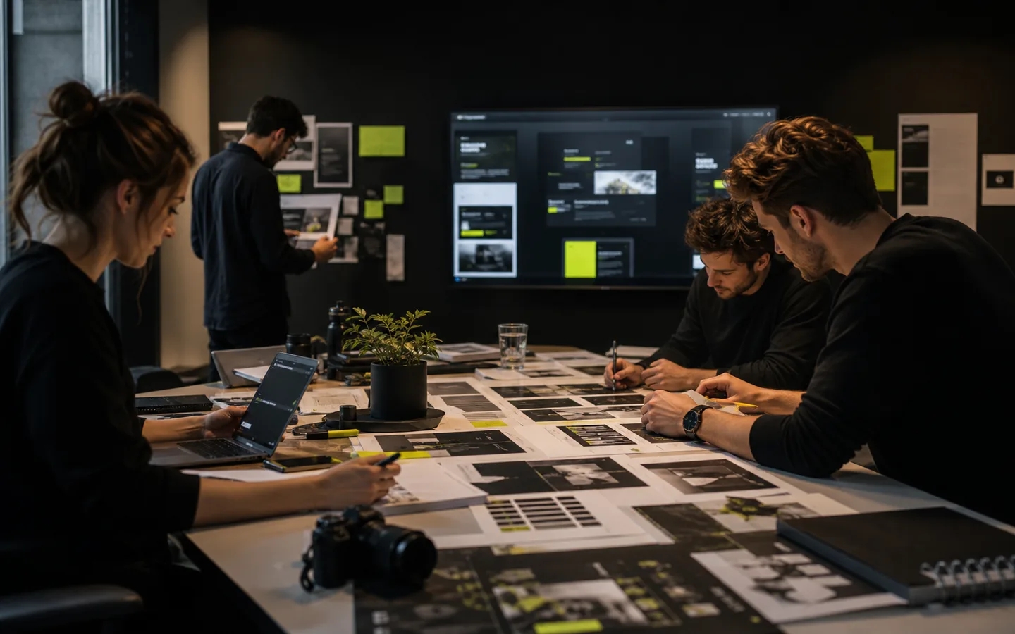 Creative digital studio team reviewing website screens and brand boards.