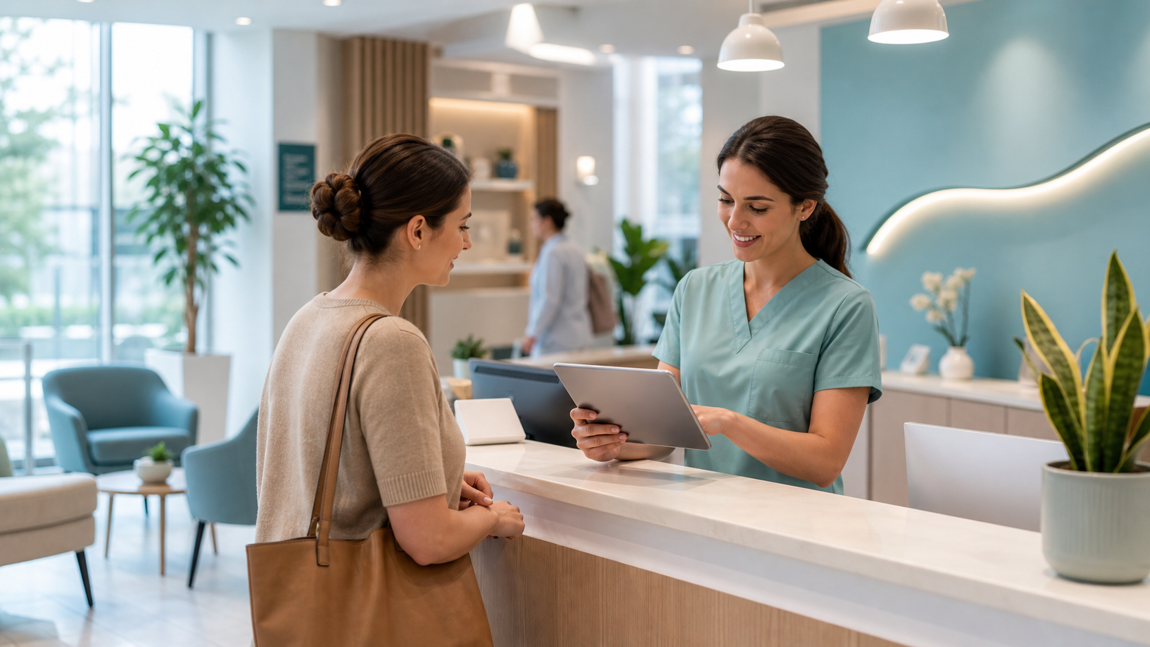 Clinic reception appointment check-in experience.