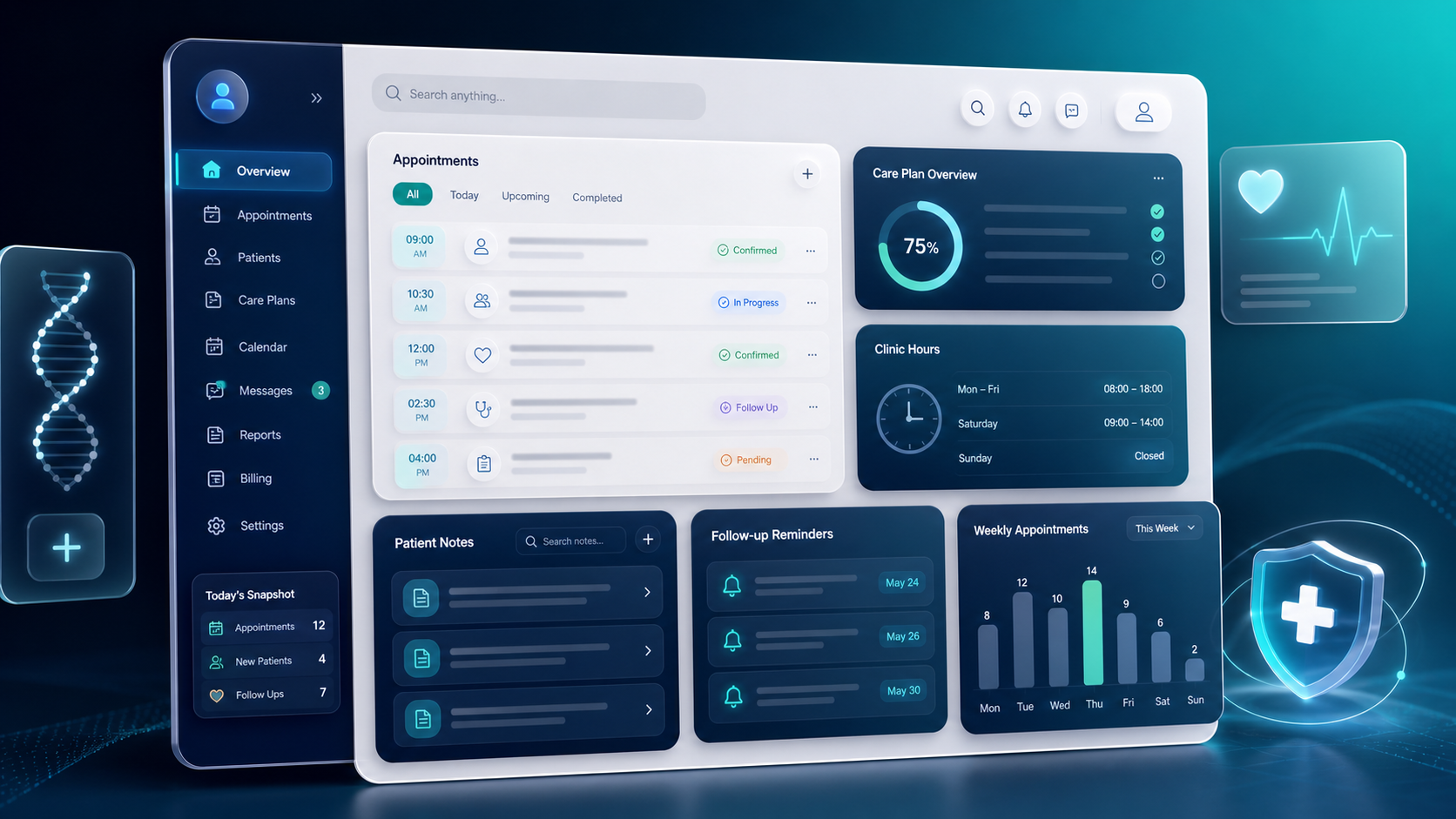 Premium healthcare appointment dashboard and care-plan interface.